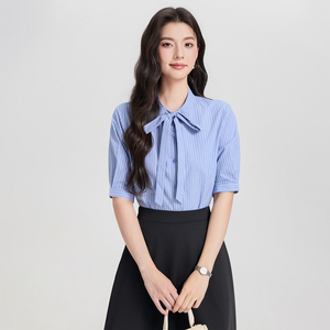 Trang phục chuyên nghiệp Áo sơ mi ngắn tay sọc xanh dành cho nữ Váy phỏng vấn Váy chữ A Bộ đồ liền quần mùa hè - Product Image 4