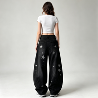 Jean taille haute pour femme avec broderie étoile, coupe baril, en denim ample à élasticité modérée, pour le quotidien urbain