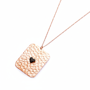 Colgante de Plata de Ley 925 con Diseño Cuadrado Martillado y Piedra de Corazón de Circonita Negra, Hecho a Mano en Turquía, Bañado en Rodio, Joyería para Fiesta - Product Image 2
