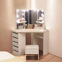 Miroir mural d'angle moderne de luxe pour femmes Armoire de toilette pour maquillage Coiffeuse avec tiroirs Tabouret Étagère