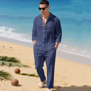 Completo da <span class=keywords><strong>Uomo</strong></span> in <span class=keywords><strong>Lino</strong></span> 2 Pezzi: Camicia a Maniche Lunghe con Colletto Rovesciato + Pantaloni Lunghi Larghi, Outfit Casual da <span class=keywords><strong>Spiaggia</strong></span> per l'Autunno, Disponibile in 8 Colori - Product Image 3