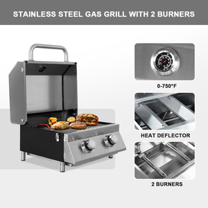 Parrilla de Gas portátil de acero inoxidable, 2 quemadores, parrilla de Gas para barbacoa de mesa para acampar al aire libre - Product Image 4
