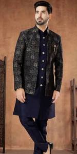 Conjunto de Kurta y Pijama Azul Marino, Chaqueta Sherwani con Textura Jacquard, Detalle Bordado, Traje Tradicional Indio para Bodas y Fiestas - Product Image 4