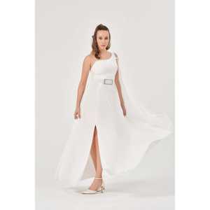 Robe de soirée élégante en mousseline à une épaule avec superposition transparente, coupe trapèze, taille empire, couleur Saks - Product Image 5