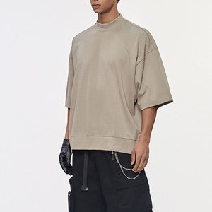 Oversized T-Shirt Heavyweight 100% Cotton Mock Neck <b>Drop</b> Shoulder <b>Box</b> Fit Casual Men's T-Shirt - Product Image 4