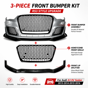 Kit de remplacement de pare-chocs avant de voiture, style RS3, calandre nid d'abeille, spoiler avant pour <span class=keywords><strong>Audi</strong></span> <span class=keywords><strong>A3</strong></span> 8V <span class=keywords><strong>berline</strong></span> 2013 2014 <span class=keywords><strong>2015</strong></span> 2016 - Product Image 2