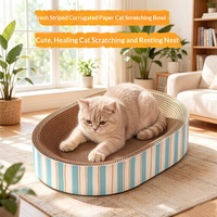 Vente en gros de lits pour chats en carton ondulé et papier, forme ovale, avec bande rayée bleue et orange, pour chats d'intérieur, OEM