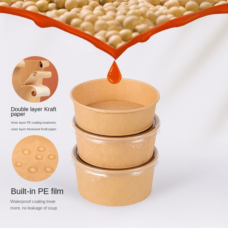 Spot Takeaway Craft Paper Bowl & Plate with Lid-Disposable Oil-Resistant Leak-Proof Microwaveable for Fruit Salad Picnic