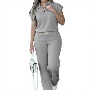 Women's Gray 2-Piece Casual Set Short Sleeve Polo Top Wide Leg Pants Breathable Woven Polyester/Cotton Pocket High Quality - Product Image 3