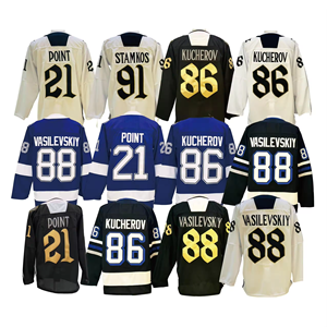 Maglia da Hockey su Ghiaccio Tampa Bay 86 Nikita Kucherov 91 Steven Stamkos 88 Andrei Vasilevskiy 21 Brayden Point con Cuciture a Vista - Product Image 1