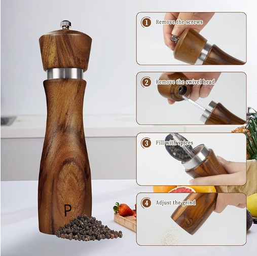 Elegant Modern Eco-Friendly Set Of 2 Acacia Wood Salt And Pepper Shakers With Ceramic Core Grinder For Spice Use · image 4
