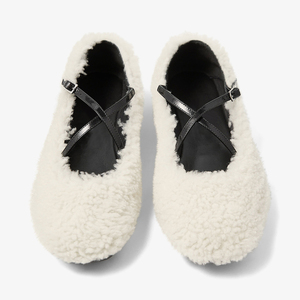 <span class=keywords><strong>Ballerine</strong></span> OEM in shearling con punta tonda e cinturini incrociati con fibbia per donna, all'ingrosso, taglie forti, colore nude bianco, scarpe comode - Product Image 3