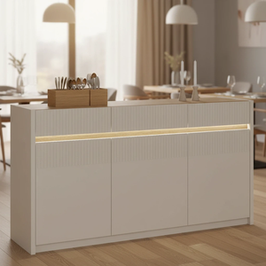 Meuble de salon élégant en bois avec 3 portes, éclairage et design à lattes, armoire de rangement pour salon - Product Image 6