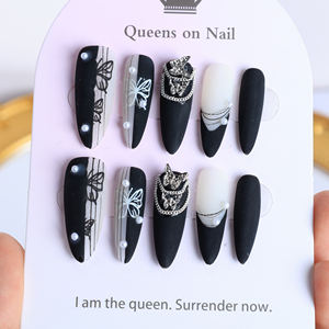 Uñas postizas acrílicas de lujo hechas a mano al por mayor, forma almendrada larga, cobertura completa, puntas francesas, diseño de mariposa, para mujeres - Product Image 1