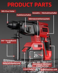 Martillo Eléctrico AKX para Bricolaje, Taladro Percutor Inalámbrico con Mango Giratorio de 360° y Mandril, Juego de Accesorios de 9 Piezas - Product Image 4