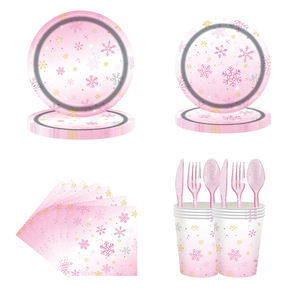 Ensemble de vaisselle de fête flocon de neige rose 40-60 pièces Décorations de Noël et du Nouvel An Respectueuses de l'environnement Assiettes rondes Tasses Serviettes - Product Image 4