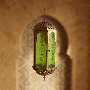 Lanterne suspendue hexagonale en laiton AK, finition dorée avec panneaux en verre vert pour les activités religieuses - Product Image 1
