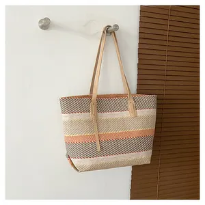 Summer Women Leisure Rainbow Colorful Striped Woven Bucket Tote Bag Large Straw Beach Travel Handbag with Leather Handle