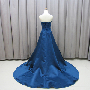 Robe de bal longue bleue en satin à épaules dénudées, coupe trapèze, robe de soirée formelle longue Mz0042 - Product Image 2