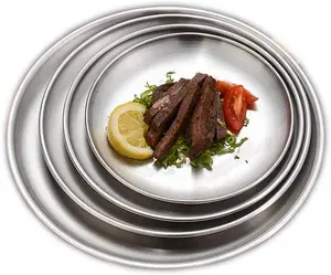 Reusable Brushed Metal 18/8 Dinner Plates Silver Color Heavy Duty Round Metal Plate