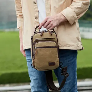 Nerlion Custom Logo Enkele Schouder Mannen Borst Tas Kaki Geïsoleerd Canvas Retro Reizen Crossbody Sling Tas Voor Dagelijks Gebruik