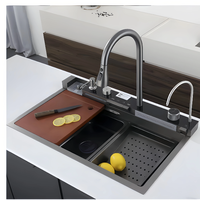 Évier de cuisine cascade multifonctionnel à fente unique, grand format, populaire 2026, anti-rayures, avec affichage numérique LED, en acier inoxydable 304