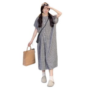 Plaid Shirt Dress Women Summer Long Dress Collared Neck Loose Waist Slit Breathable Daily Casual Dress - Product Image 5