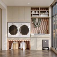 Armoire de rangement multifonctionnelle moderne pour buanderie, intégrée à la machine à laver, avec évier et étagères ouvertes
