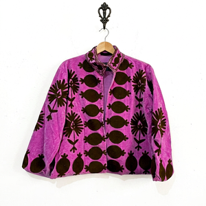Manteau en velours rose à col mandarin avec imprimé floral, manches longues, vêtement d'extérieur décontracté pour adultes, tenue d'automne - Product Image 1