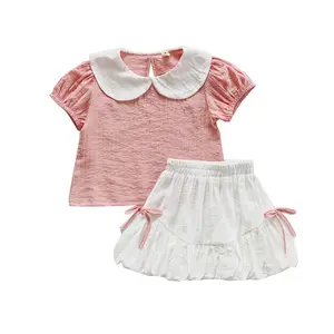 新款简约精致设计女童服装粉色上衣薄纱裙蝴蝶结儿童套装
