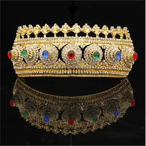 Barokke Royal Queen Koning Tiara Kroon Voor Mannelijke Bruiloft Haar Sieraden Rode Kristal Ronde Diadeem Goud Hoofd Accessoires Bruid