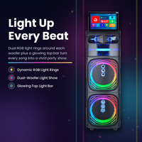 Enceinte portable d'extérieur en gros 50W avec double woofer de 12 pouces, écran tactile Android de 14,1 pouces, karaoké et 2 micros sans fil