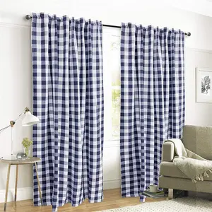 Custom Tab Top Gingham Check Window Curtain Panel 100% Cotton Navy White Blackout Curtains