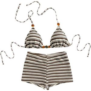 FOXA Women's 2 Piece Striped Triangle <b>Bikini</b> Set High Waisted <b>Boyshorts</b> Swimwear Stretch Spandex Nylon - Product Image 1
