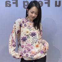 LFF-8656 / Nouveau Pull Tricoté Épais à Col Rond et Manches Longues pour Femme, Style Coréen, Motif Floral Violet, en Fibre Acrylique, Idéal Hiver