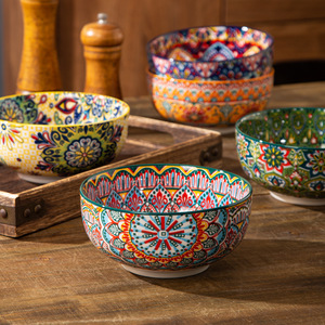 ชามเซรามิคสไตล์โบฮีเมียนแบบย้อนยุค ใช้กับไมโครเวฟได้ ขนาดใหญ่ สำหรับราเมน ซุป ก๋วยเตี๋ยว และสลัด - Product Image 2