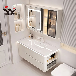 Meuble-lavabo mural blanc crème avec tiroir, étagère ouverte, miroir intelligent LED et vasque intégrée - Product Image 1