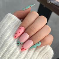 Faux ongles en gros à presser, motif fraise, forme amande, French manucure, rose pastel et vert, avec logo personnalisé, réutilisables