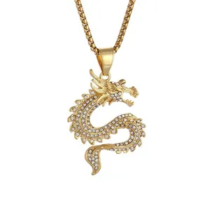 Hiphop stainless steel chinese zodiac crystal dragon pendant necklace