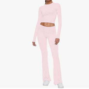 Wholesale Women T Shirt Pants <b>Set</b> Crew Neck Low Waist Flare Leg Regular Fit Casual Streetwear Outfit Private Label Custom - Product Image 5