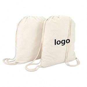 Custom Logo Outing Laundry Lunch School Camping Reusable Canvas <b>Backpack</b> Beige Printed Drawstring Bags - Product Image 1