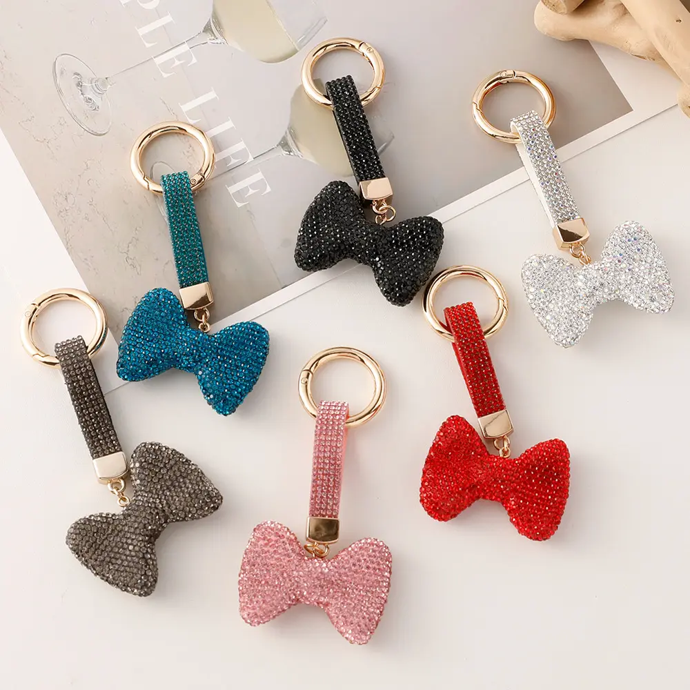 2023 New Design Bling Bow Keyring Car Key Accessories Women Shiny Rhinestone Handbag Decoration Girls Cute Crystal Bow Keychains