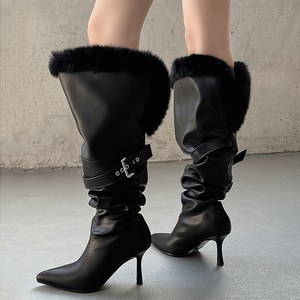 Women Belt Buckles Baggy Shoes High Heels Pointed Toe Stiletto Top Wide Cut Knee High Boots Pleated Fur Upper <b>Long</b> Booties - Product Image 3