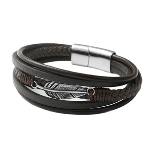 yunnique Titanium Steel Feather <b>Leather</b> <b>Bracelet</b> Brown Woven Design Fashion Jewelry - Product Image 1