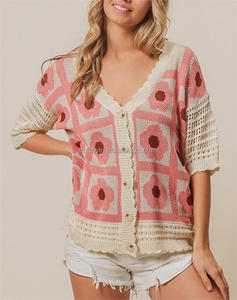 Cardigan en maille à manches courtes pour <span class=keywords><strong>femme</strong></span>, imprimé floral, col en V, ajouré, style décontracté, vente en gros - Product Image 2