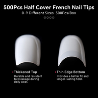 500 faux ongles carrés français à demi-couverture, longs, durables, ajustement parfait, transparents, naturels, en ABS, pour doigts, acrylique et gel