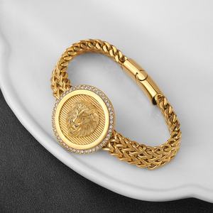 Pulsera de Acero Inoxidable Chapada en Oro Vintage, Personalizada, Estilo Retro, con Cabeza de León, Geométrica, Religiosa, con Circonitas, Estilo Cubano - Product Image 2