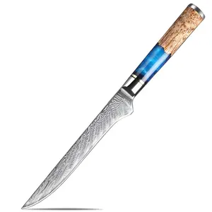 Pisau Boning 6 inci 67 lapis baja Damaskus, pisau dapur irisan Steak pisau Boning profesional gagang Resin biru