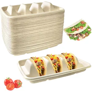 Diskon besar 3 kompartemen Taco piring sugaran Bagasse nampan makanan dengan tutup stabil Taco kotak kemasan