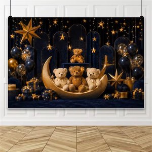 Sfondo fotografico blu e oro <span class=keywords><strong>con</strong></span> orsetto, luna e stelle, per baby shower, primo compleanno, festa cake smash - Product Image 3